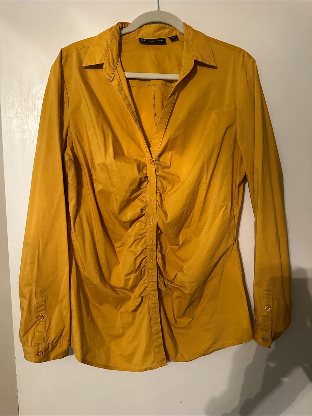New York & Company Women’s Mustard Ruched Front Button-Up Shirt